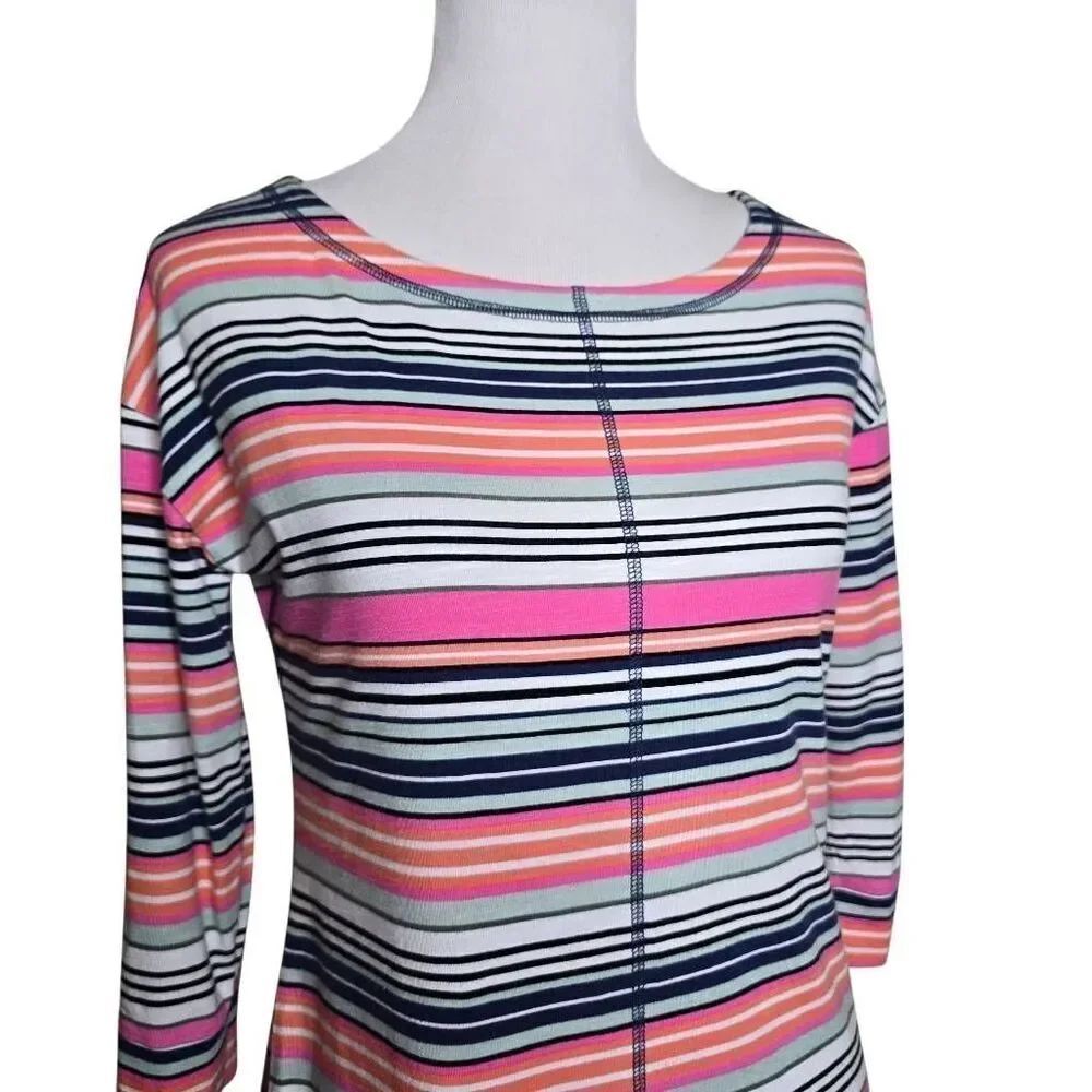 T by Talbots Pink Multi Stripe 3/4 Sleeve Side Slit Boat Neck Top XS